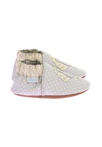 Grijze leren babyschoenen met witte stippen, elastische gouden manchet en geborduurd ontwerp met een kantpatroon. Zachte zool.