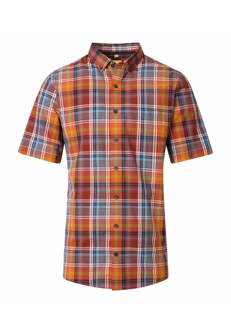 Kurzärmliges kariertes Hemd mit orangefarbenen, blauen und gelben Tönen, Button-Down-Kragen und dunklen Knöpfen. Hergestellt aus einem leichten Stoff.