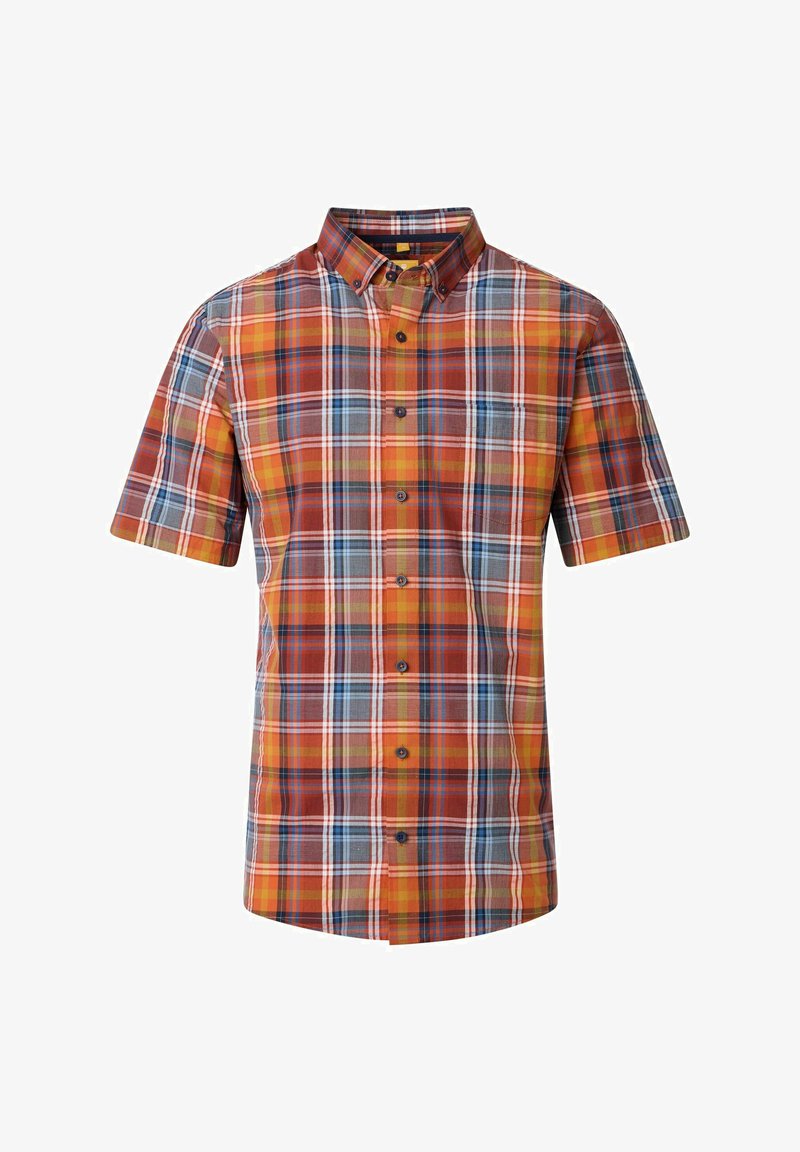 Korte mouwen geblokte overhemd met oranje, blauw en gele tinten, button-down kraag en donkere knopen. Gemaakt van een lichtgewicht stof.