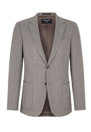 Grau gemusterter Blazer mit Reverskragen, zwei Fronttaschen und einem Knopfverschluss. Futter in braunem Stoff.