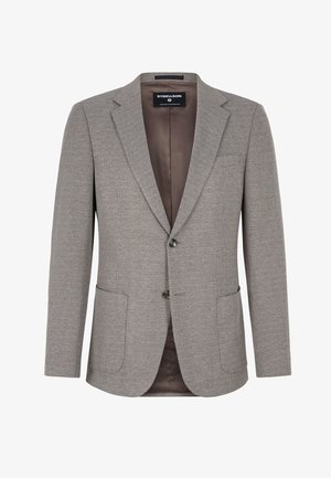 Grijze blazers met een patroon, voorzien van een gelapt revers, twee voorzakken en een sluiting met één knoop. Gevoerde binnenzijde van bruine stof.