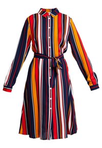 Robe chemise à manches longues avec un devant à boutons, présentant des rayures verticales multicolores en rouge, bleu, jaune et blanc. Comprend une ceinture assortie.