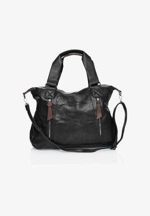 Schwarze Lederhandtasche mit strukturiertem Oberflächen, doppelt tragbaren Griffen und einem abnehmbaren Riemen. Verfügt über zwei seitliche Reißverschlüsse und braune Akzente.