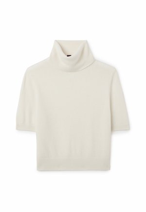 Pull en crème à manches courtes en col roulé, fabriqué en tissu tricot doux. Il présente un large col roulé ainsi que des poignets et un ourlet côtelés, offrant une texture lisse.