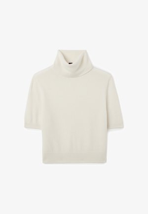 Cremfarbener, kurzärmeliger Rollkragenpullover aus weichem Strickstoff. Verfügt über einen weiten Rollkragen sowie gerippte Bündchen und Saum, die eine glatte Textur bieten.