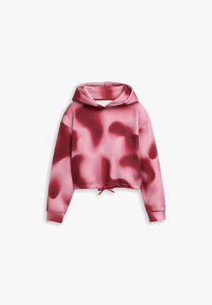 Felpa corta rosa con macchie astratte rosso scuro. Realizzata in tessuto liscio, presenta un orlo con cordino e un design del cappuccio standard.