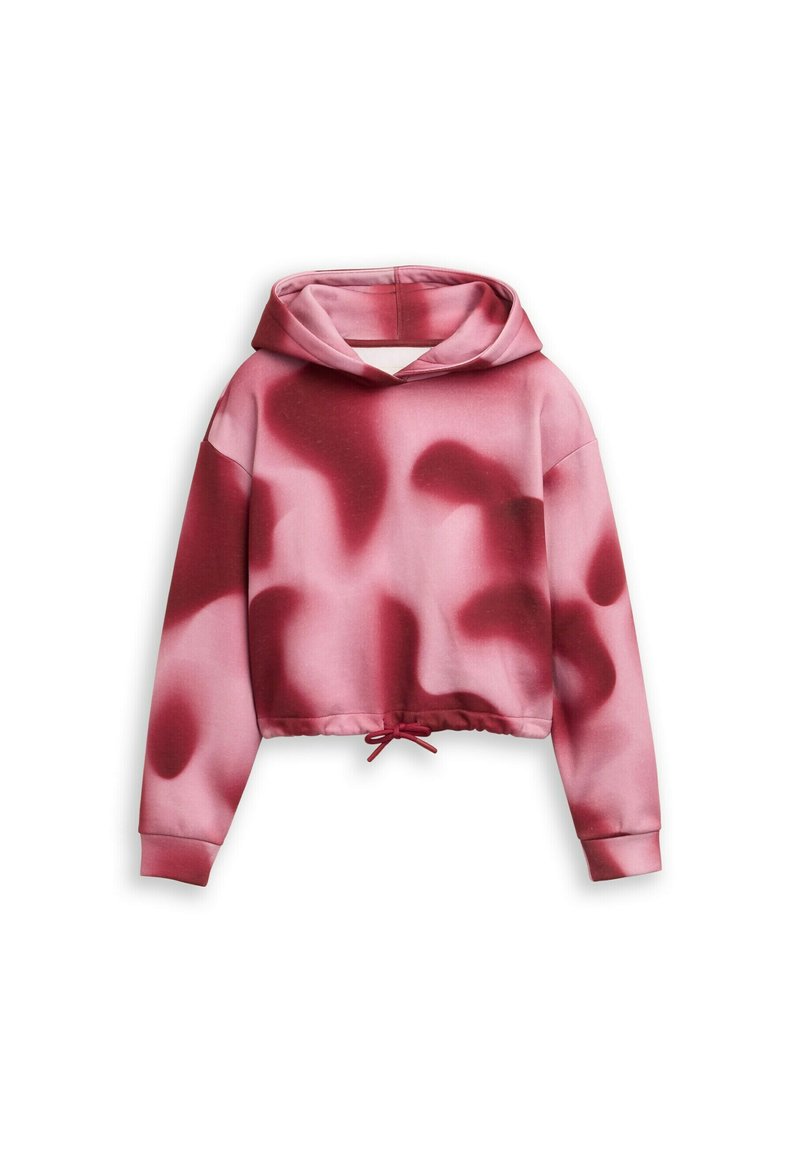 Felpa corta rosa con macchie astratte rosso scuro. Realizzata in tessuto liscio, presenta un orlo con cordino e un design del cappuccio standard.