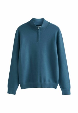 Turkusowy sweter z długim rękawem z prążkowanym kołnierzem i krótkim suwakiem z przodu, wykonany z teksturowanej tkaniny.