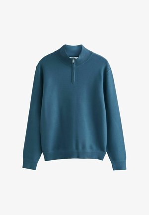 Turkusowy sweter z długim rękawem z prążkowanym kołnierzem i krótkim suwakiem z przodu, wykonany z teksturowanej tkaniny.