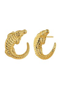 Pendientes de tono dorado con forma de cocodrilos, que presentan escamas detalladas, un acabado texturizado y un diseño de sujeción trasera para un uso seguro.