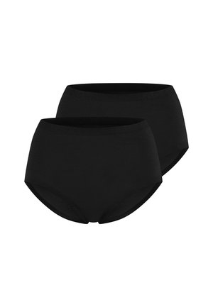 Mustat puuvillatrikoot korkeavyötäröisellä designilla. Sileä pinta ja saumat, jotka tarjoavat mukavuutta. Kaksi paria esitelty, yksinkertainen ja klassinen tyyli.