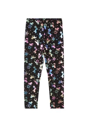 Leggings neri con un vivace motivo di unicorni e stelle. Materiale morbido con una vita elastica e accenti metallici vivaci.