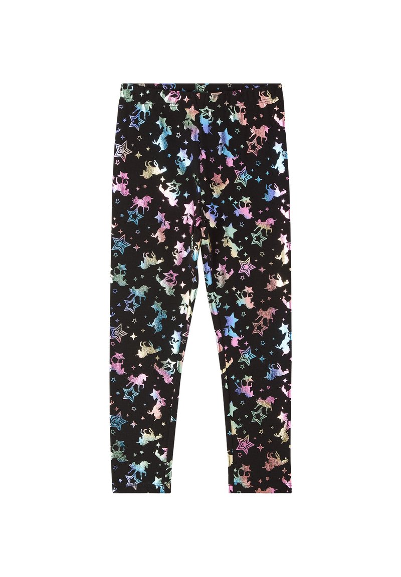 Leggings neri con un vivace motivo di unicorni e stelle. Materiale morbido con una vita elastica e accenti metallici vivaci.