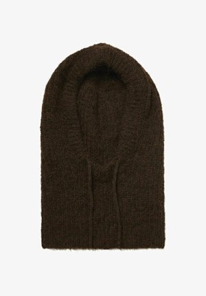 Braune gestrickte Kapuze aus einem weichen, flauschigen Material. Verfügt über eine breite, kreisförmige Öffnung und lange, abgerundete Kanten. Einfaches Design ohne zusätzliche Akzente.