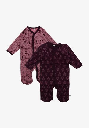 Zwei Bodysuits: einer rosa mit schwarzen Tier- und Objektmustern, der andere dunkelviolett mit Ballonmustern. Beide sind aus weichem Baumwollstoff und haben lange Ärmel.