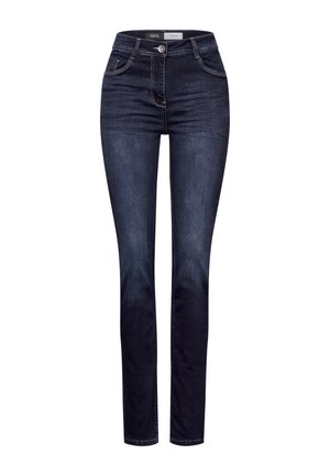 Jeans en denim bleu foncé avec une coupe slim, taille mi-haute, cinq poches et détails de couture subtils. Texture lisse et design classique.
