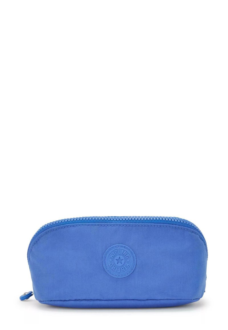 Astuccio con cerniera blu realizzato in tessuto resistente, presenta una forma arrotondata e un logo in rilievo sul fronte. Texture liscia, design minimale.