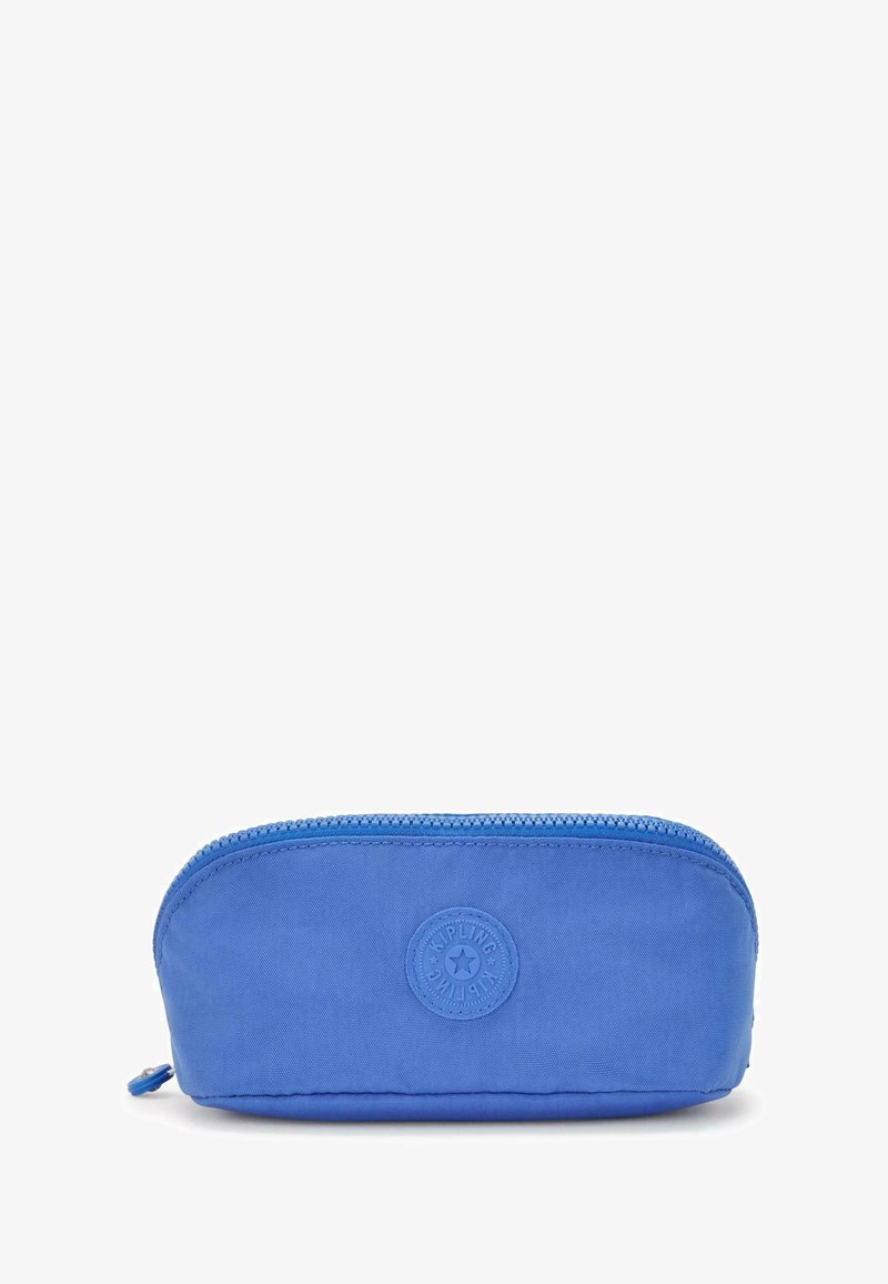 Blue zippered pencil case made of durable fabric, features a rounded shape and embossed logo on the front. Smooth texture, minimal design.
