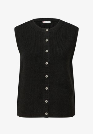 Zwarte, mouwloze cardigan gemaakt van geribbelde breistof. Voorzien van een knoopsluiting aan de voorkant met ronde, lichtgekleurde knopen.