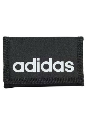 Portafoglio in tessuto nero con bordi rinforzati cuciti, con grande testo bianco "adidas" al centro.