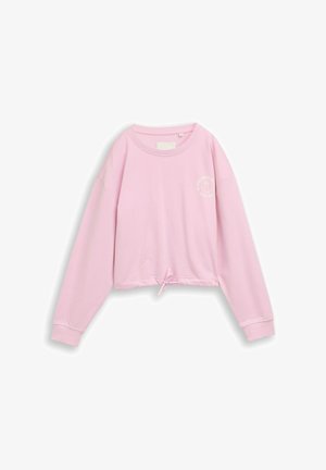 Rosa cropped Sweatshirt mit langen Ärmeln, rundem Ausschnitt und vorderseitigem Kordelzug. Verfügt über einen kleinen weißen Aufdruck auf der linken Brust. Weicher Stoff.