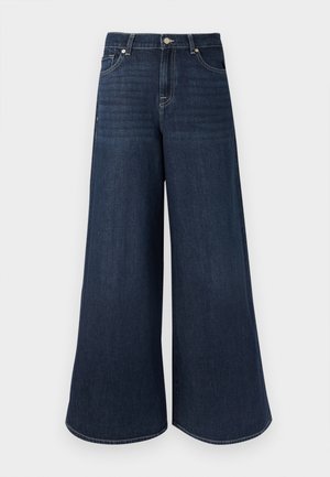 Wide-leg dark denim jeans with a high waist, featuring stitched detailing, button closure, and classic five-pocket design.
