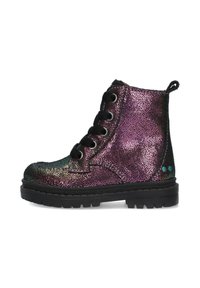 Botas de tobillo con cordones que presentan un upper de brillantina multicolor brillante con acentos negros, una suela texturizada y puntos decorativos en color teal en el tacón.