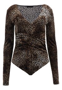 Hnědý a černý bodysuit s dlouhým rukávem a leopardím potiskem, s výstřihem do V a nařasením v pase. Jemný sametový materiál.
