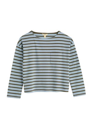 Cămașă cu mâneci lungi, albastru deschis, cu dungi orizontale verde închis, decolteu rotund și buzunar în față pe pieptul stâng.