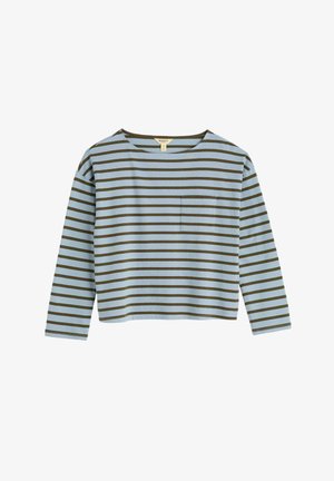 Világoskék hosszú ujjú csíkos ing, sötétzöld vízszintes csíkokkal, kerek nyakkivágással és bal oldali elülső zsebbel.