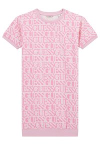 Rosa T-shirtklänning med upprepat "GUESS"-logomönster, korta ärmar, rundad halsringning, ribbade muddar och rak nederkant. Mjuk bomullsmaterial.