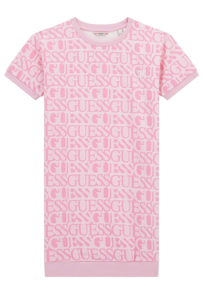 Rosa T-shirtklänning med upprepat "GUESS"-logomönster, korta ärmar, rundad halsringning, ribbade muddar och rak nederkant. Mjuk bomullsmaterial.