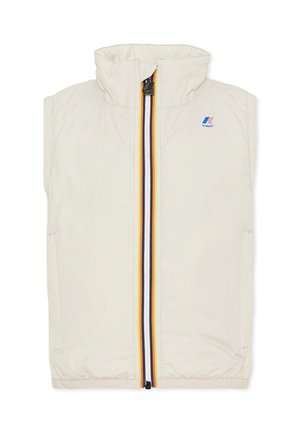 Gilet senza maniche beige crema con collo alto, cerniera frontale bordata da strisce gialle, bianche e blu e piccolo logo K-Way sul petto.