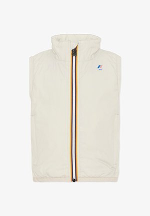 Chaleco sin mangas color beige crema con cuello alto, cremallera frontal delineada con franjas amarillas, blancas y azules, y pequeño logo de K-Way en el pecho.