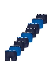 Set aus Herrenboxershorts in verschiedenen Blau- und Marinefarbtönen. Hergestellt aus glattem Stoff mit einem kontrastierenden schwarzen Bund, der das Puma-Logo trägt.