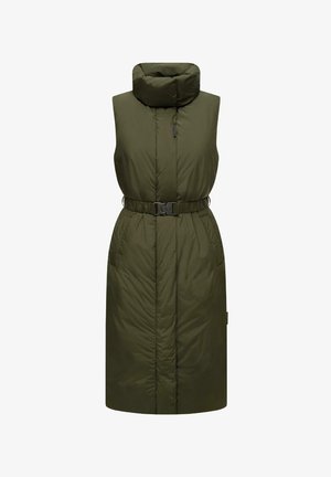 Olivno zeleni napihani brezrokavnik z visokim ovratnikom, pasom, stranskimi žepi in gladko teksturo. Vsebuje vertikalne šive. Brez rokavov.