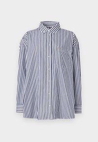 Camicia button-up a righe blu e bianche con maniche lunghe, colletto e una singola tasca sul petto con un piccolo logo. Materiale in cotone.