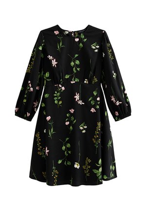Zwarte jurk met lange mouwen, bedrukt met roze, witte en gele bloemen, ronde hals en een geplooide taille.