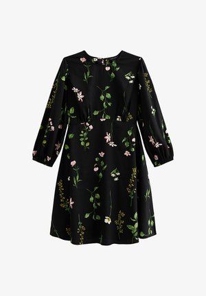 Zwarte jurk met lange mouwen, bedrukt met roze, witte en gele bloemen, ronde hals en een geplooide taille.
