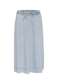 Heled sinine denim-seelik elastse vöökoha, reguleeritava nööriga ja külgvahega. Omab siledat tekstuuri ja sirget lõiget.