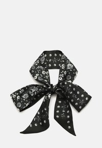 Sciarpa nera con un motivo floreale e pois. Realizzata in tessuto liscio con design a fiocco. Tonalità di grigio distintive in tutto il prodotto.