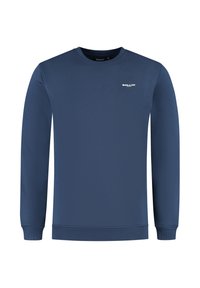 Marineblauwe sweatshirt van katoen, met een ronde halslijn, lange mouwen, geribbelde manchetten en een klein wit logo op de borst.