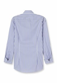 Hellblau-weiß gestreiftes Langarmhemd. Knopfmanschetten, spitzes Kragen, gerade geschnittener Saum, glatte Stoffstruktur. Rückansicht dargestellt.