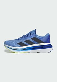 Blue running shoe with a textured mesh upper, black stripes, and a layered midsole featuring blue and white accents. Lightweight design.