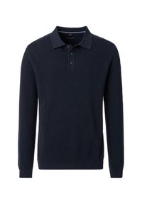 Navyblaues Langarm-Polohemd aus Textilstoff, mit drei-Knopf-Leiste und gerippten Bündchen. Der klassische Kragen rundet das Design ab.