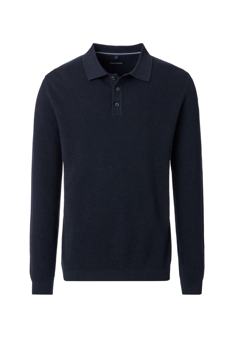 Navyblaues Langarm-Polohemd aus Textilstoff, mit drei-Knopf-Leiste und gerippten Bündchen. Der klassische Kragen rundet das Design ab.