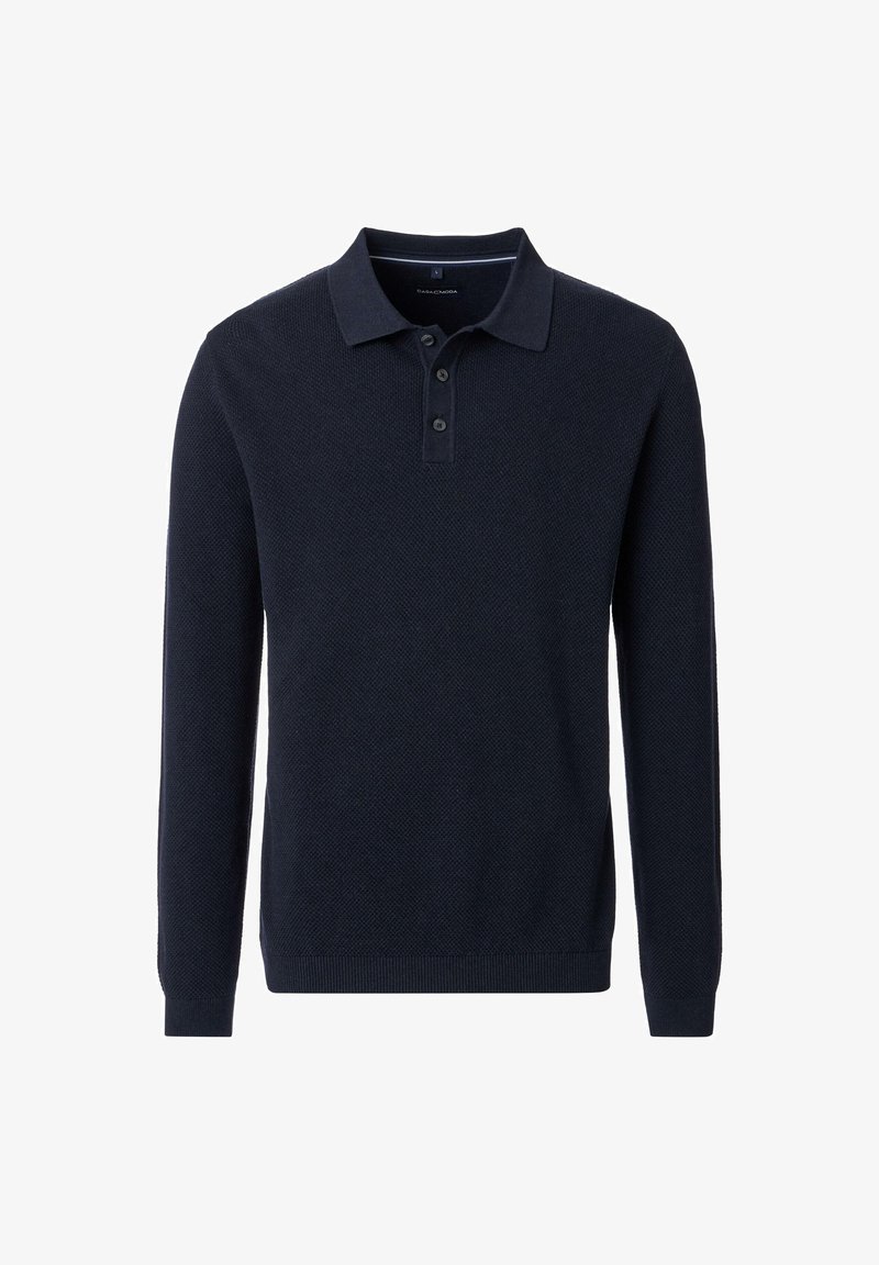 Navyblaues Langarm-Polohemd aus Textilstoff, mit drei-Knopf-Leiste und gerippten Bündchen. Der klassische Kragen rundet das Design ab.