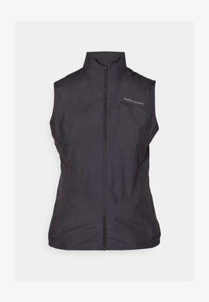 Sort, ærmeløs vest med høj krave og lynlås foran, lavet af let, glat materiale med en subtil glans. Logo på brystet.