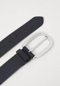 Black leather belt featuring a smooth finish, silver rectangular buckle, and several adjustment holes along the strap.