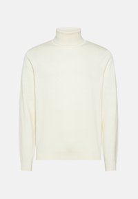Maglione a collo alto cremoso realizzato in morbido tessuto a maglia, caratterizzato da maniche lunghe e un design aderente, con una superficie liscia e dettagli minimi.